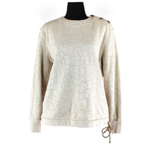 CHANEL Camelia Floral Stitched Beige Cotton Crewneck Sweater 38 Logo CC Button